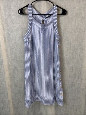 For Cynthia XL linen Blend Blue and White Striped Mini Dress with Side Buttons
